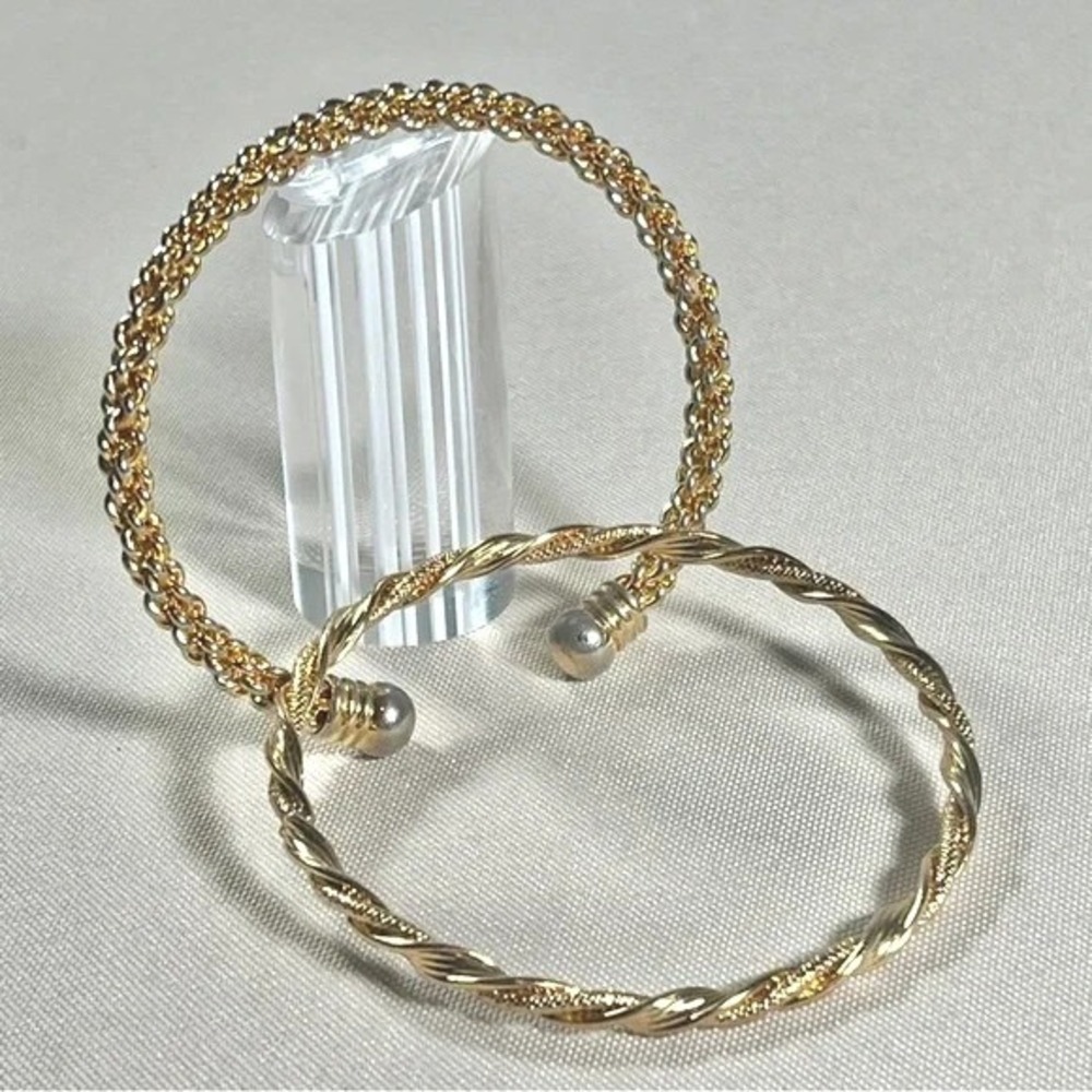 Gold Tone Metal Bracelets Cuff Bangle‎ Chunky Stackable Versatile set of Two - 2